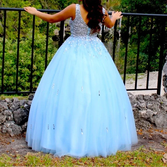 sky blue dresses for wedding Sky Blue Beaded Ball Gown Prom Dresses V Neck Junior Prom Dress ARD2184 main image 1